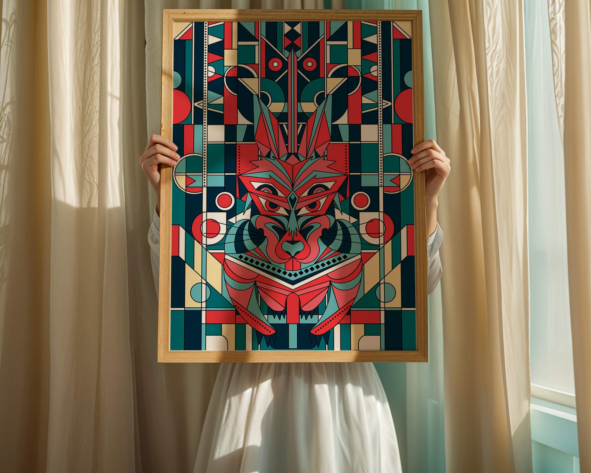 Arte abstracto geométrico de lobo con influencias tribales