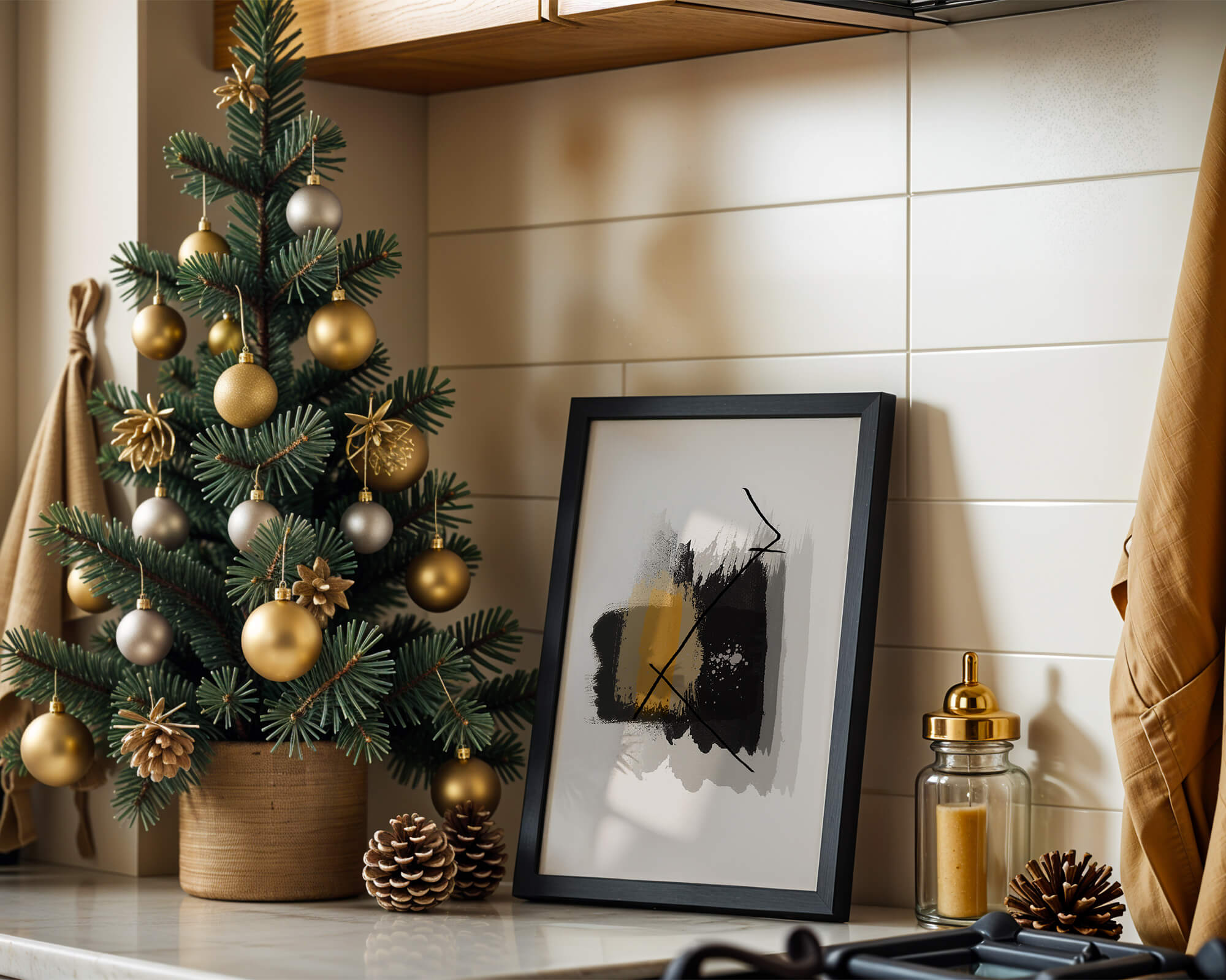 Abstract modern art with golden and black brush strokes