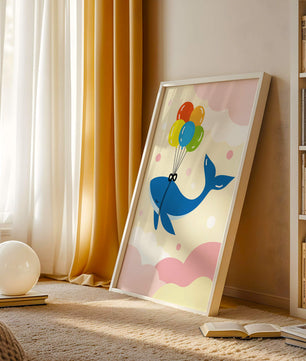 Skurriler Wal, der mit bunten Luftballons fliegt