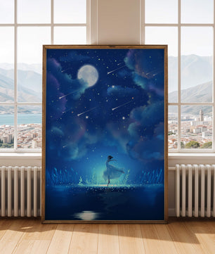 Cielo nocturno soñador con figura danzante y luz de luna brillante