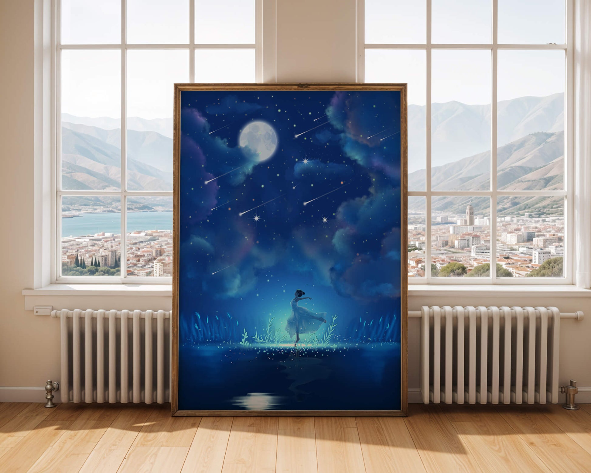 Cielo nocturno soñador con figura danzante y luz de luna brillante