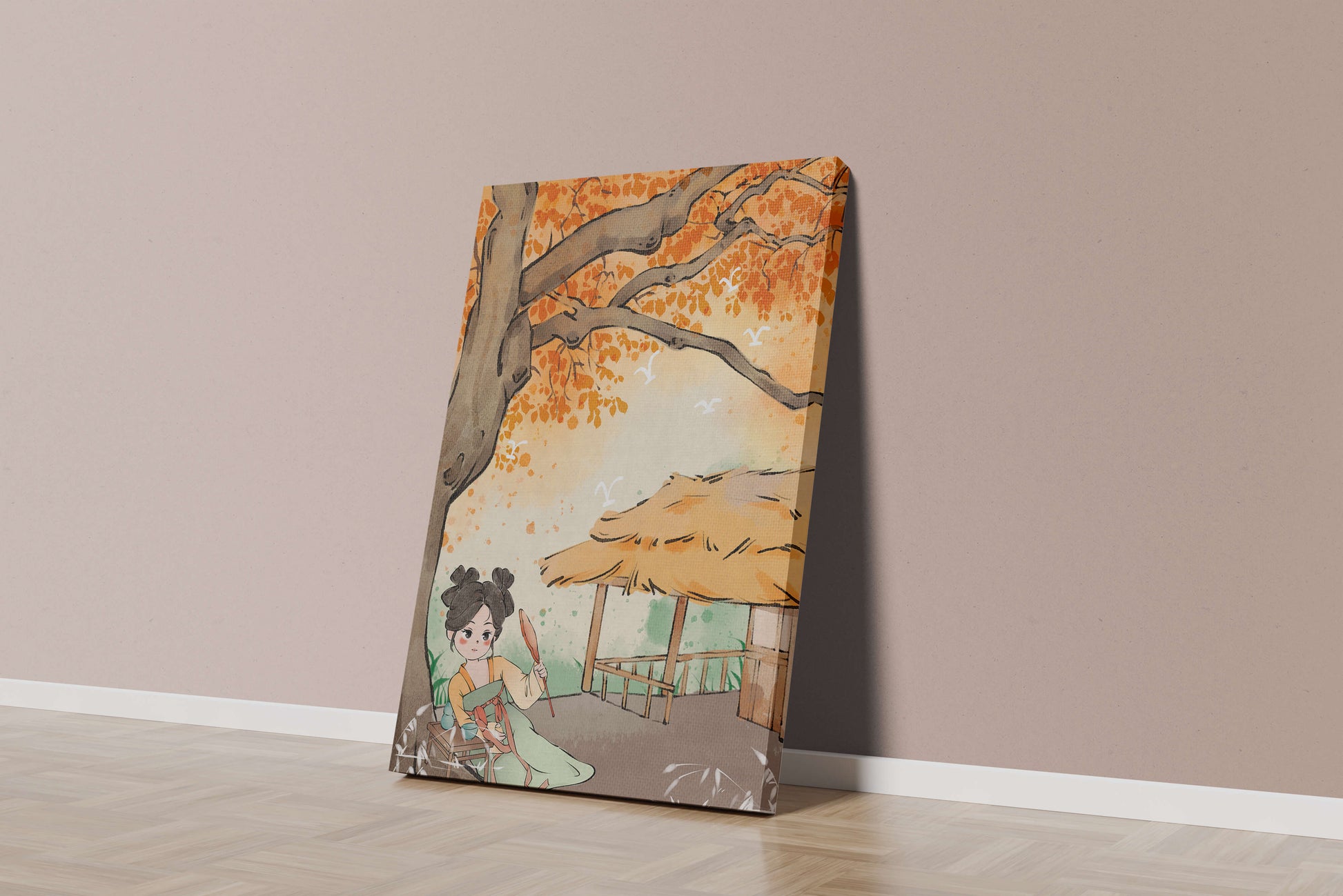 Escena de otoño con ilustración en estilo asiático tradicional