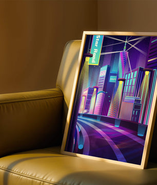 Futuristic Neon Cityscape with Illuminated Skyscrapers and Curved Road