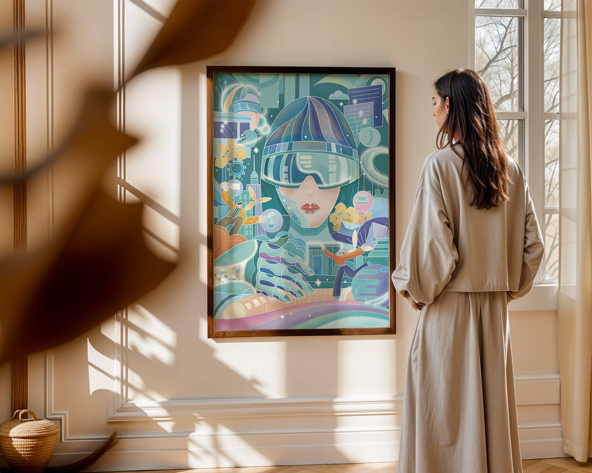 Futuristic digital art with virtual reality and technology themes