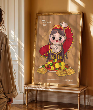 Illustration d’une figure culturelle ouïghoure portant un costume traditionnel et partageant un repas festif