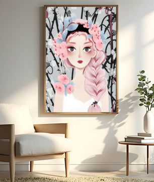 Ilustración caprichosa de una chica con cabello rosa y corona floral