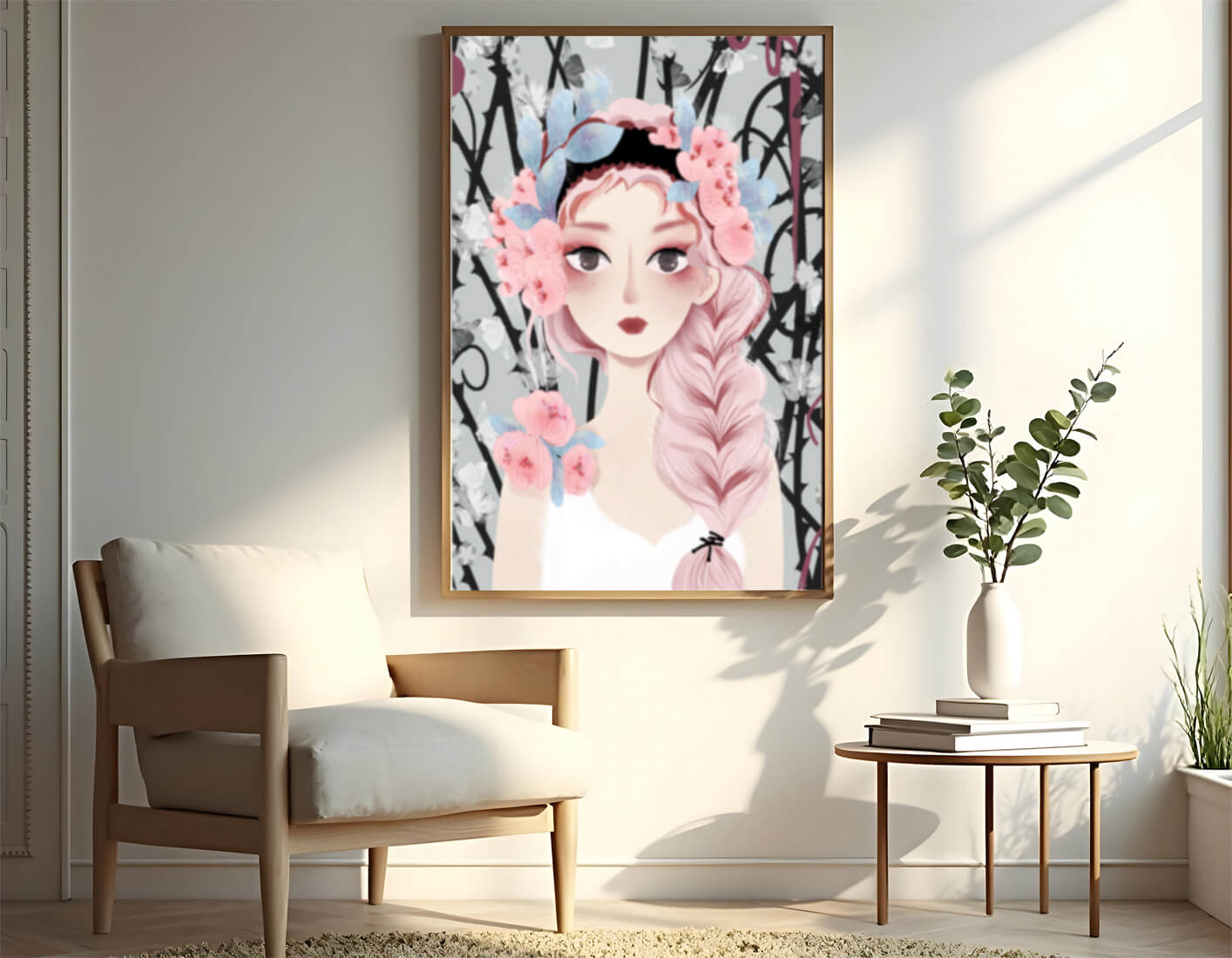 Whimsical illustration of a girl with pink hair and floral crown
