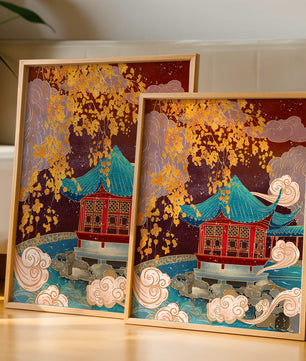 Traditional Chinese Pavilion with Gold Leaves and Clouds
