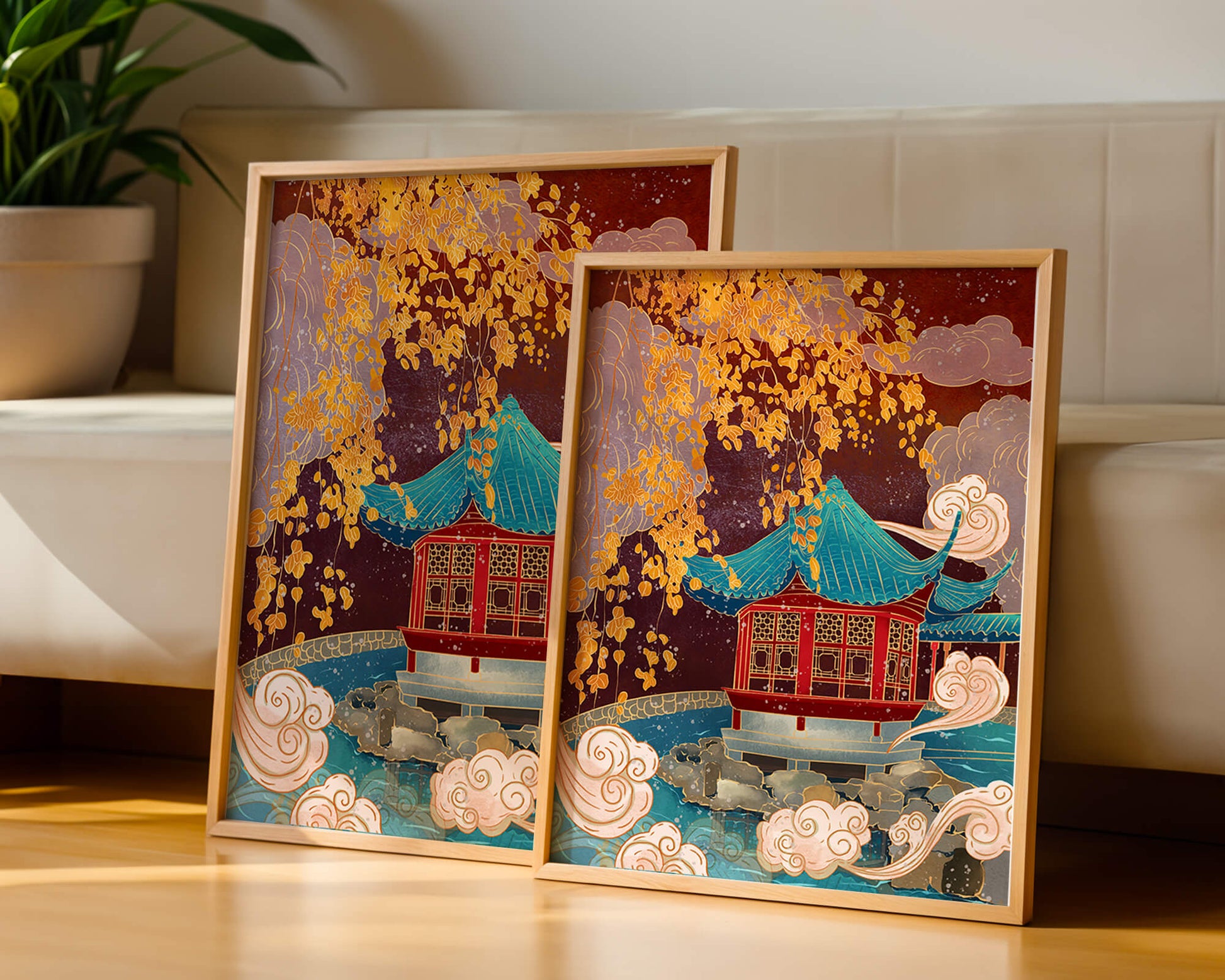 Pabellón chino tradicional con hojas doradas y nubes