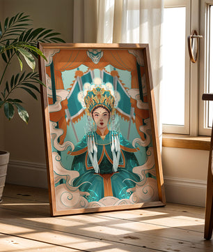 Illustration élégante d'une princesse orientale avec une tenue royale et des éléments mythiques
