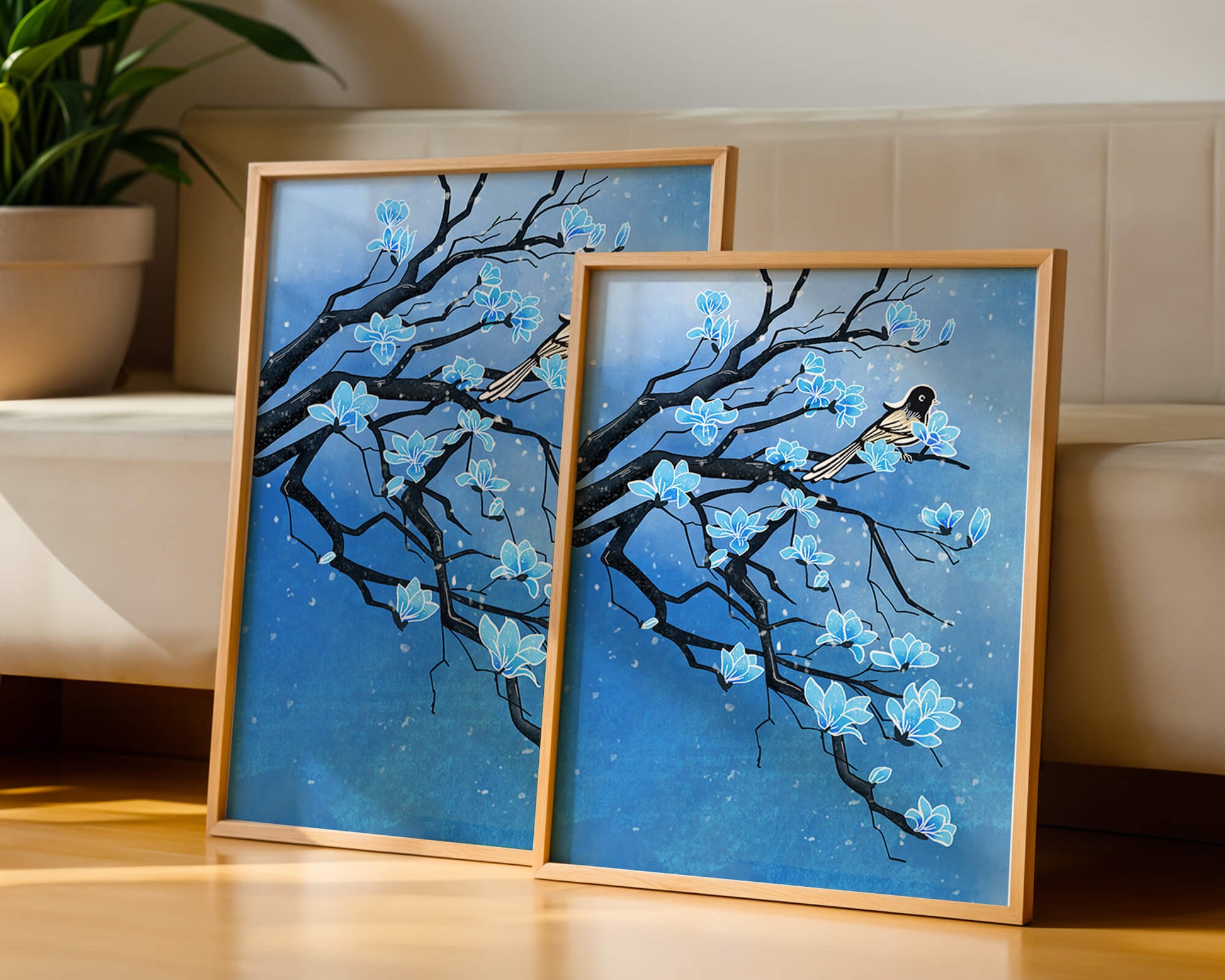 Bird on a branch with blue flowers against a snowy background