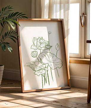 Botanische Illustration einer Lotusblume mit grüner Strichzeichnung auf weißem Hintergrund