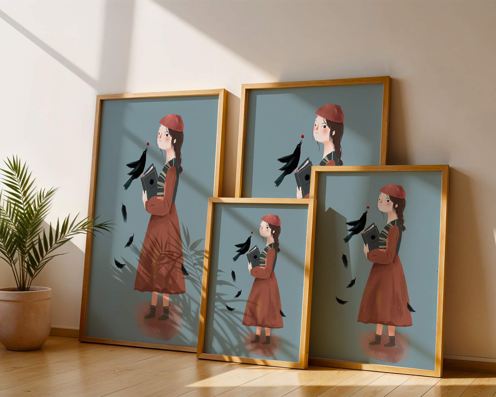 girl in vintage attire with bird and book on blue background