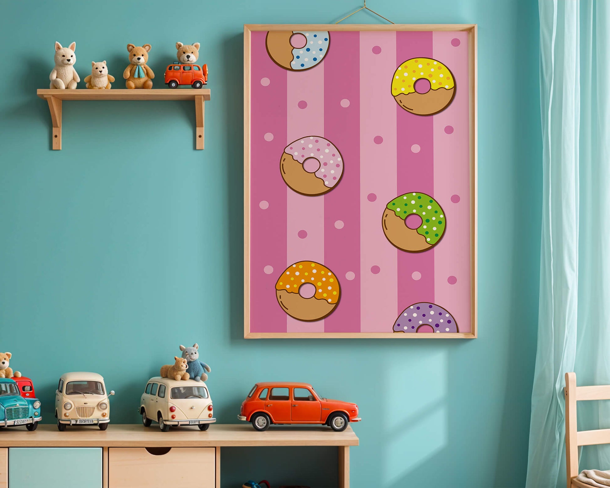 Colorful donut pattern on pink striped background