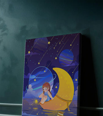 Whimsical child sitting on a crescent moon amidst a starlit cosmic scene