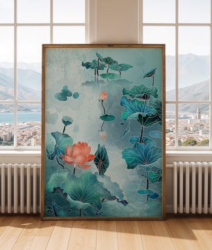 Paisaje acuático sereno con loto y nenúfares en estilo artístico
