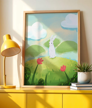 Paisaje caprichoso con conejo y flores coloridas