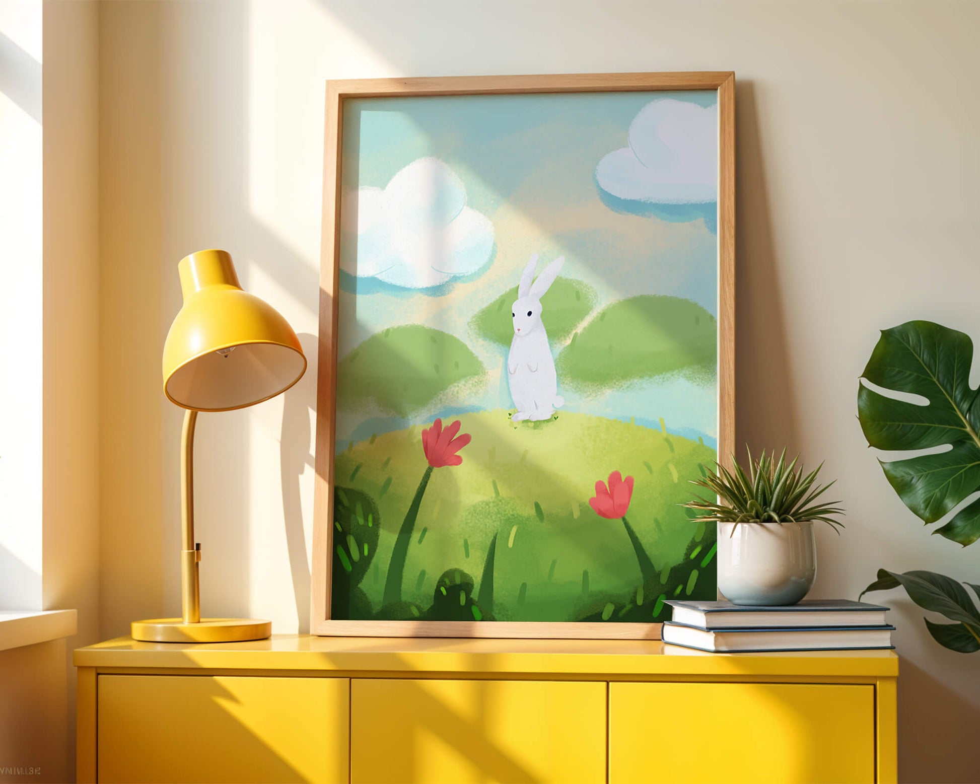 Whimsical landscape with rabbit and colorful flowers