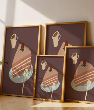 Ilustración de una porción de pastel con fresa y café