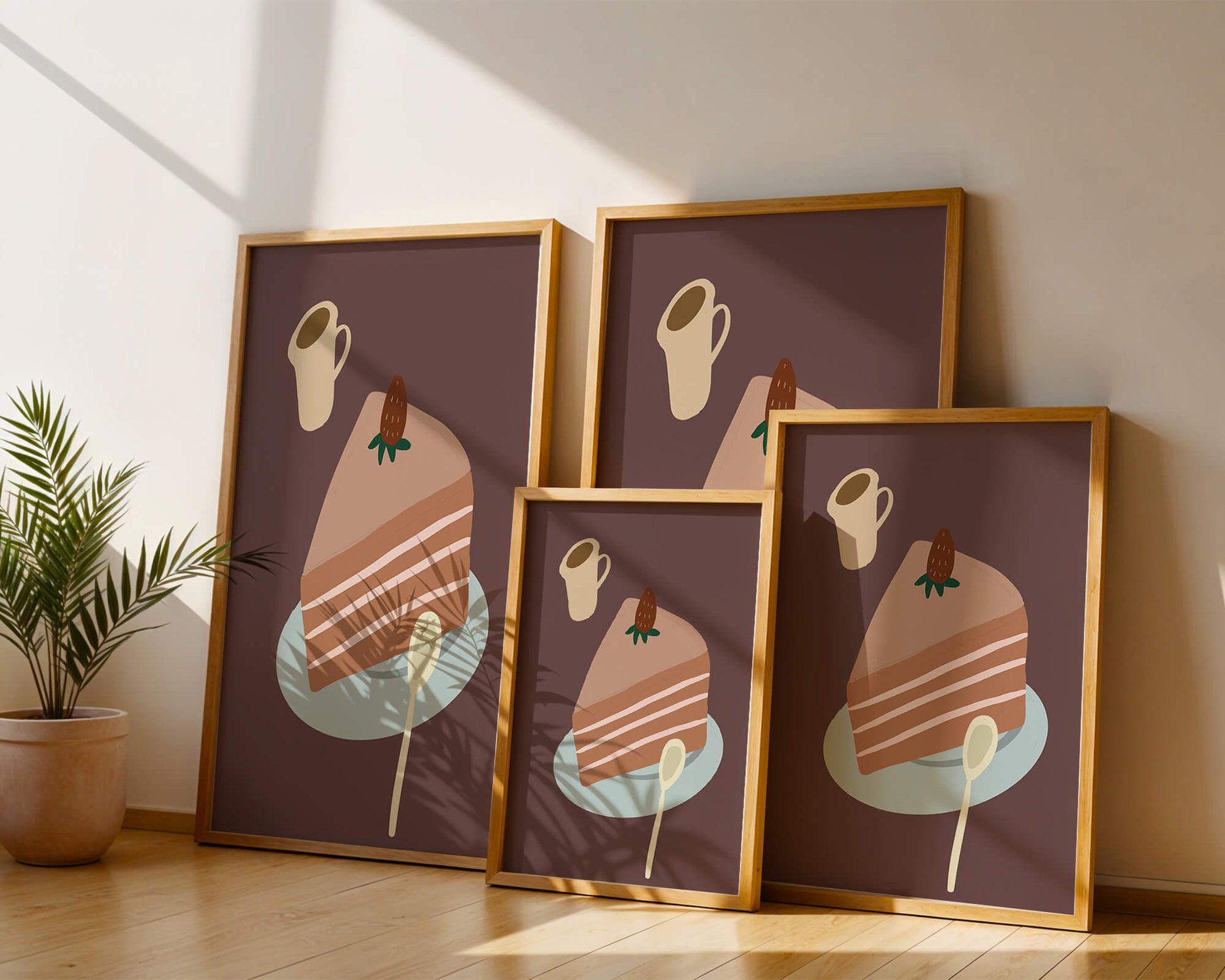 Illustration of a cake slice with strawberry and coffee