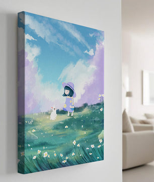 A Little Girl in a Purple Dress and Hat with a White Rabbit in a Flower Field Under a Blue Sky