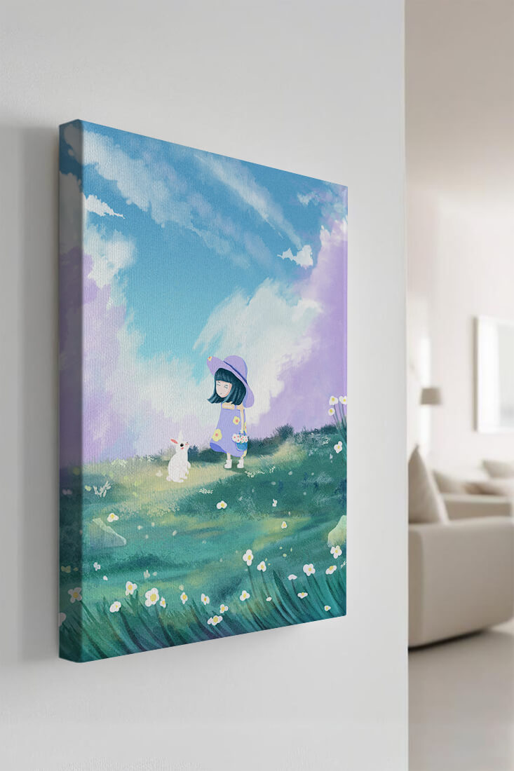 A Little Girl in a Purple Dress and Hat with a White Rabbit in a Flower Field Under a Blue Sky