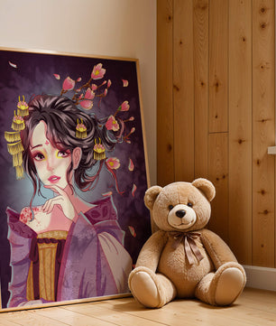 Retrato de anime elegante con acentos florales y dorados