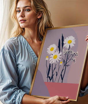 Illustrative floral artwork with daisies and abstract background