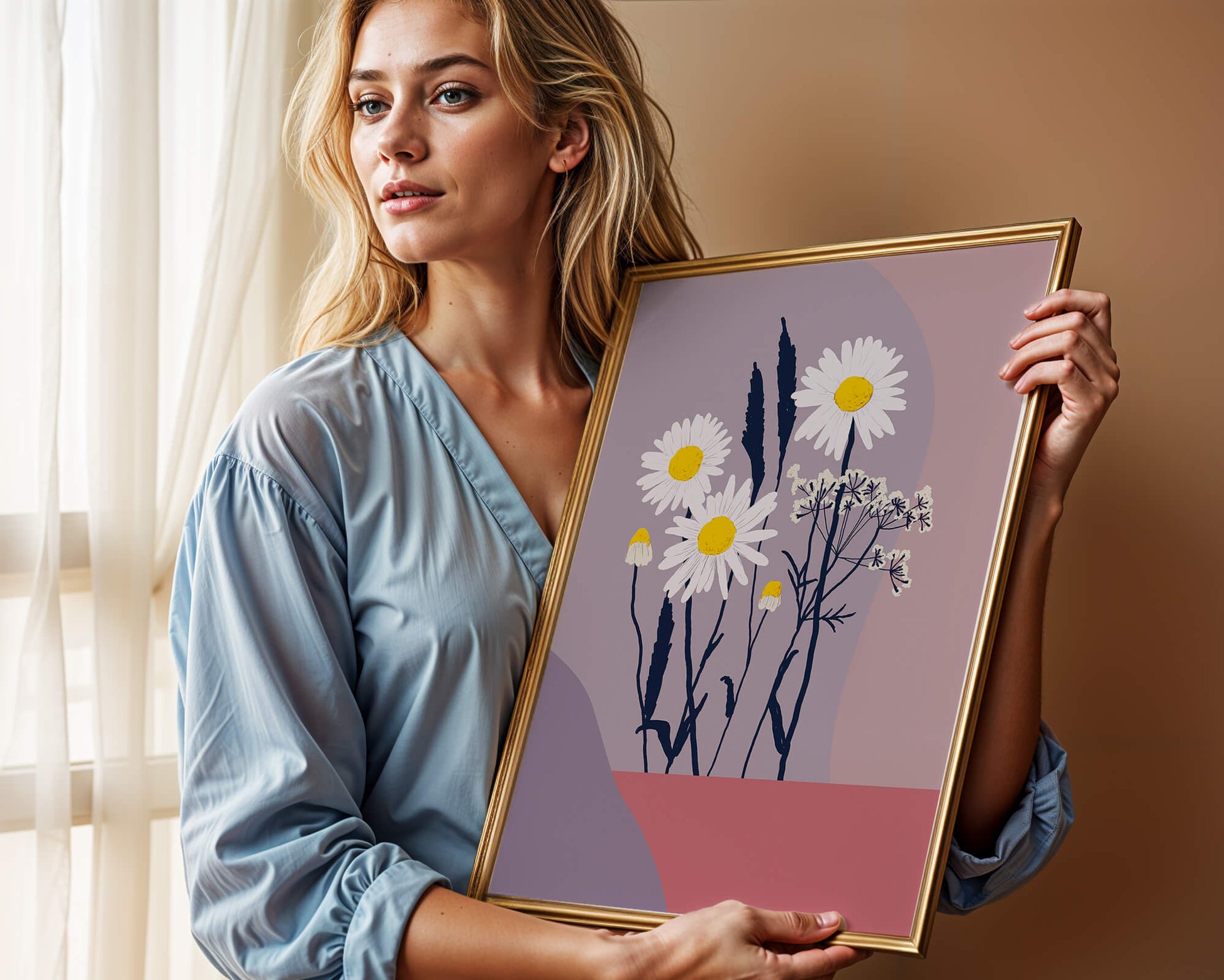 Illustrative floral artwork with daisies and abstract background