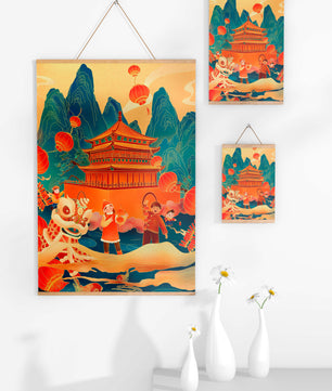 Traditionelles chinesisches Fest mit Laternen und Löwentanz