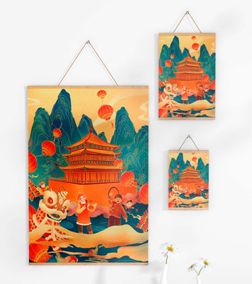 Traditional Chinese festival with lanterns and lion dance