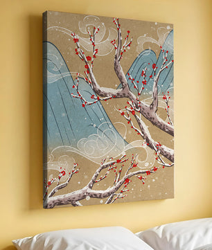 Traditional Japanese landscape with blooming cherry branches