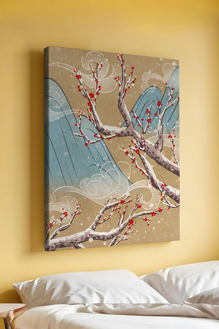 Traditional Japanese landscape with blooming cherry branches