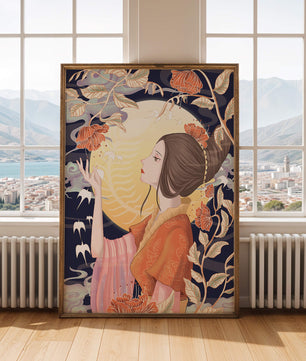 Illustration élégante d'une femme avec des éléments floraux sous la lumière de la lune