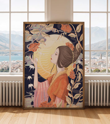 Elegant illustration of a woman with floral elements under the moonlight