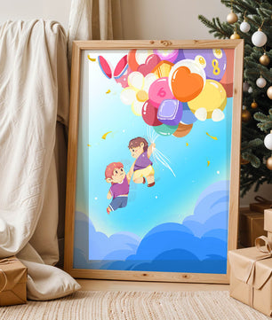 Ilustración caprichosa de niños en el cielo con globos de colores