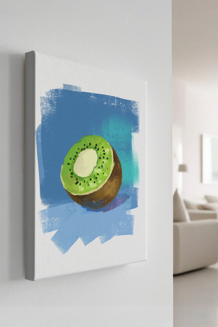 Illustration of a kiwi with a textured blue background