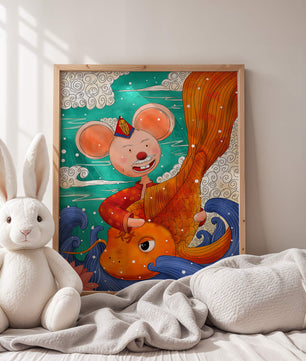 Whimsical illustration of a mouse riding a golden fish in a vibrant fantasy setting