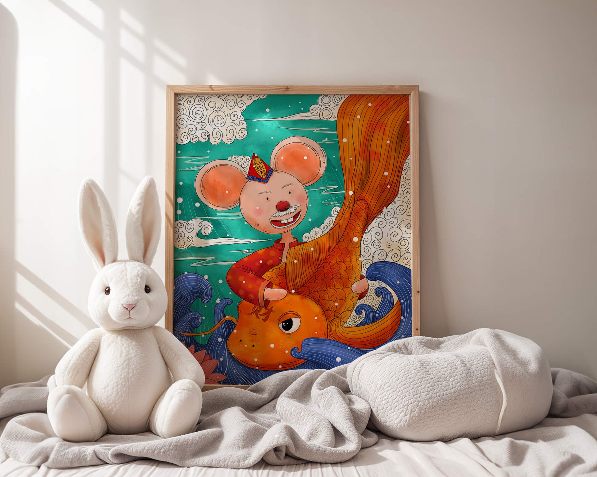 Whimsical illustration of a mouse riding a golden fish in a vibrant fantasy setting