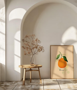 Illustration of a Single Orange with Leaves on a Textured Background - Mi tienda