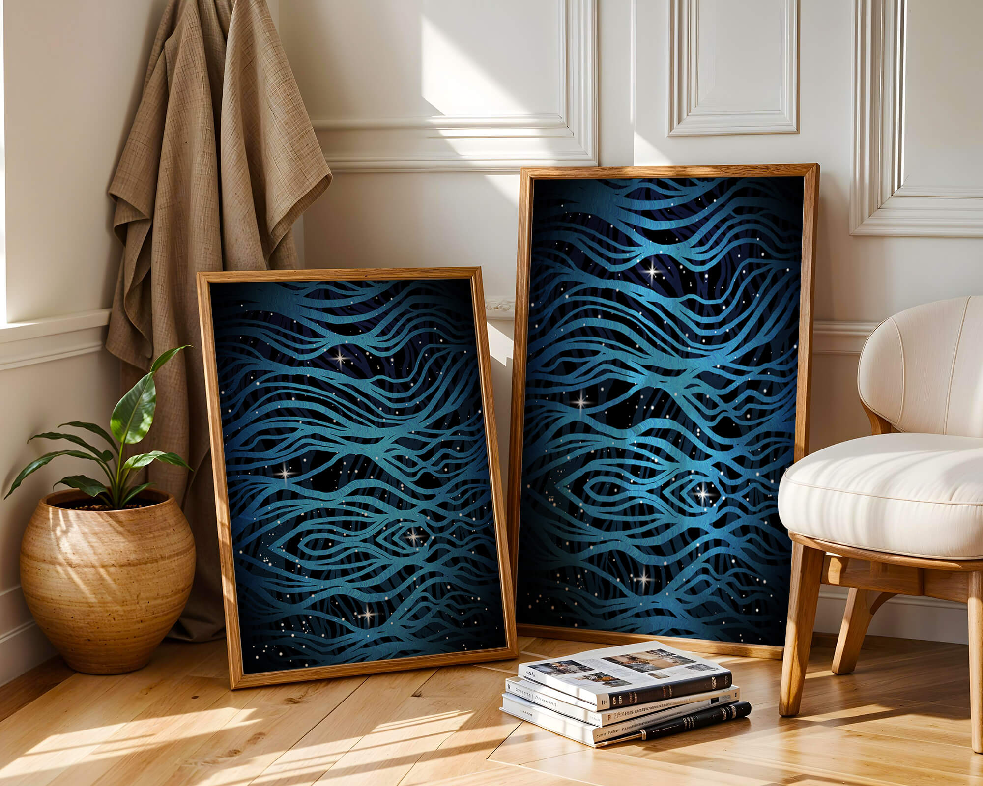 Abstract blue wave lines with starry night background