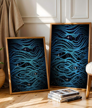 Abstract blue wave lines with starry night background