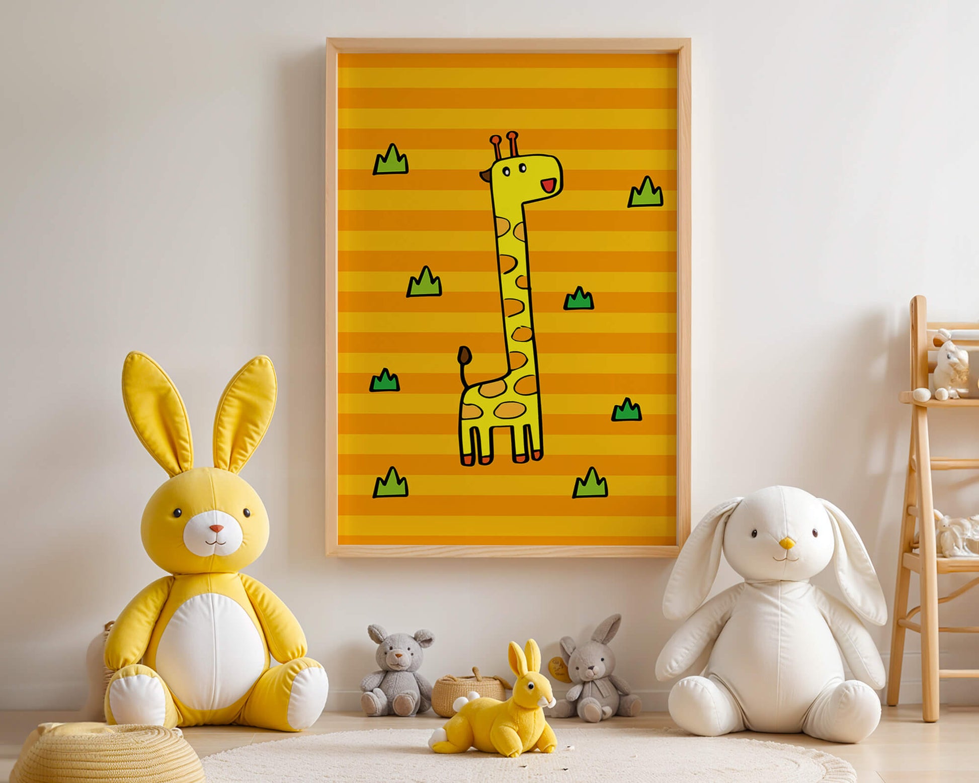 Bright cartoon giraffe illustration on a striped background