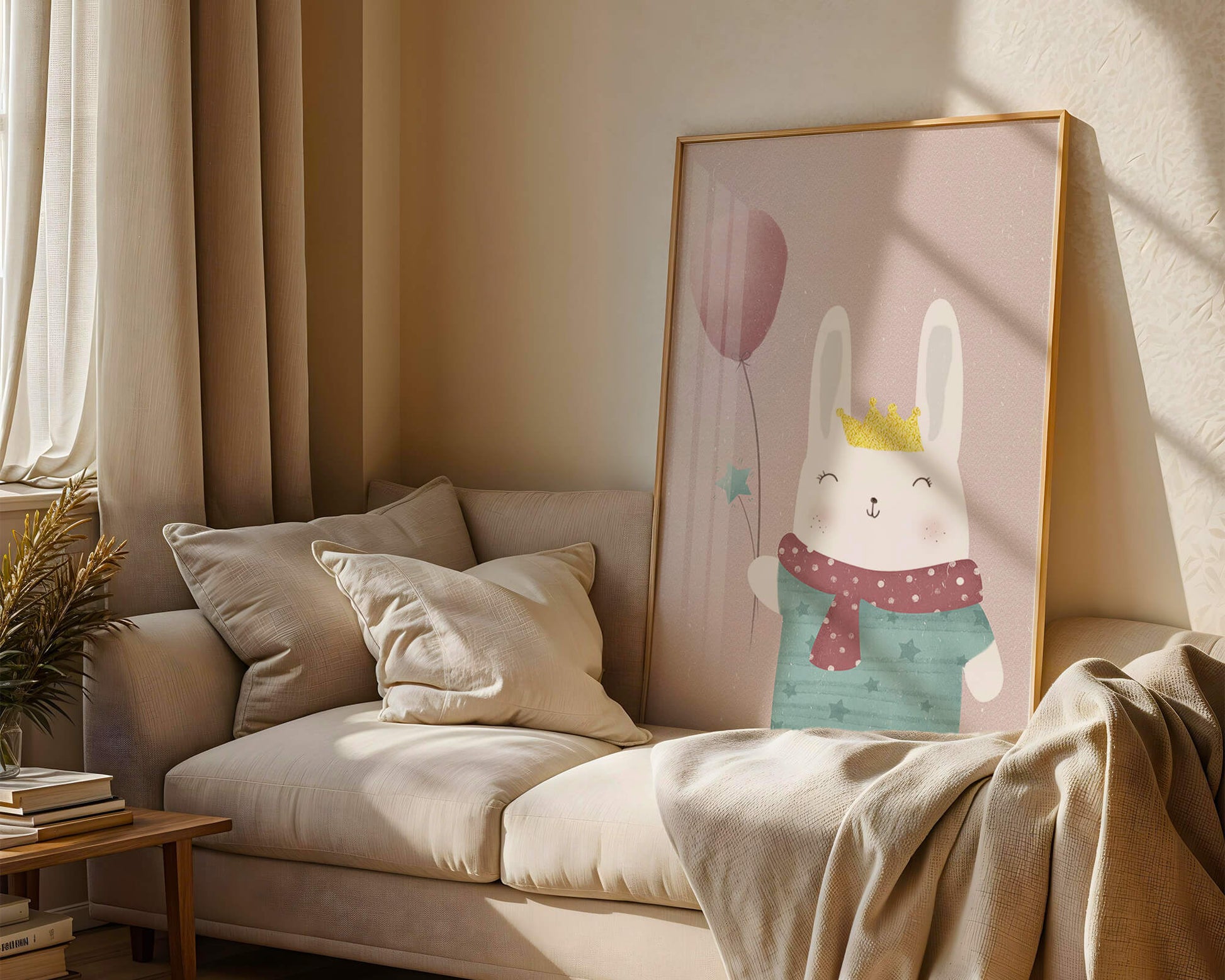 Adorable ilustración de conejito con globo rosa y corona dorada.