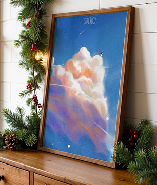 Whimsical illustration of superboy with dreamy cloudscape