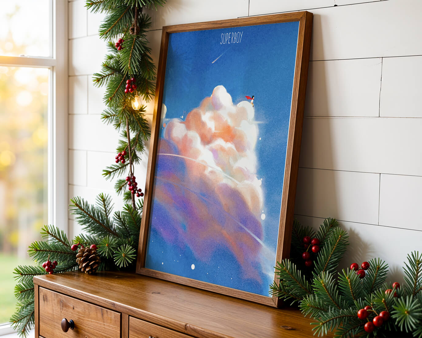 Whimsical illustration of superboy with dreamy cloudscape