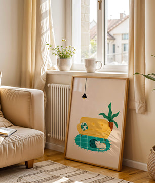Cozy Living Room with Yellow Sofa and Sleeping Cat