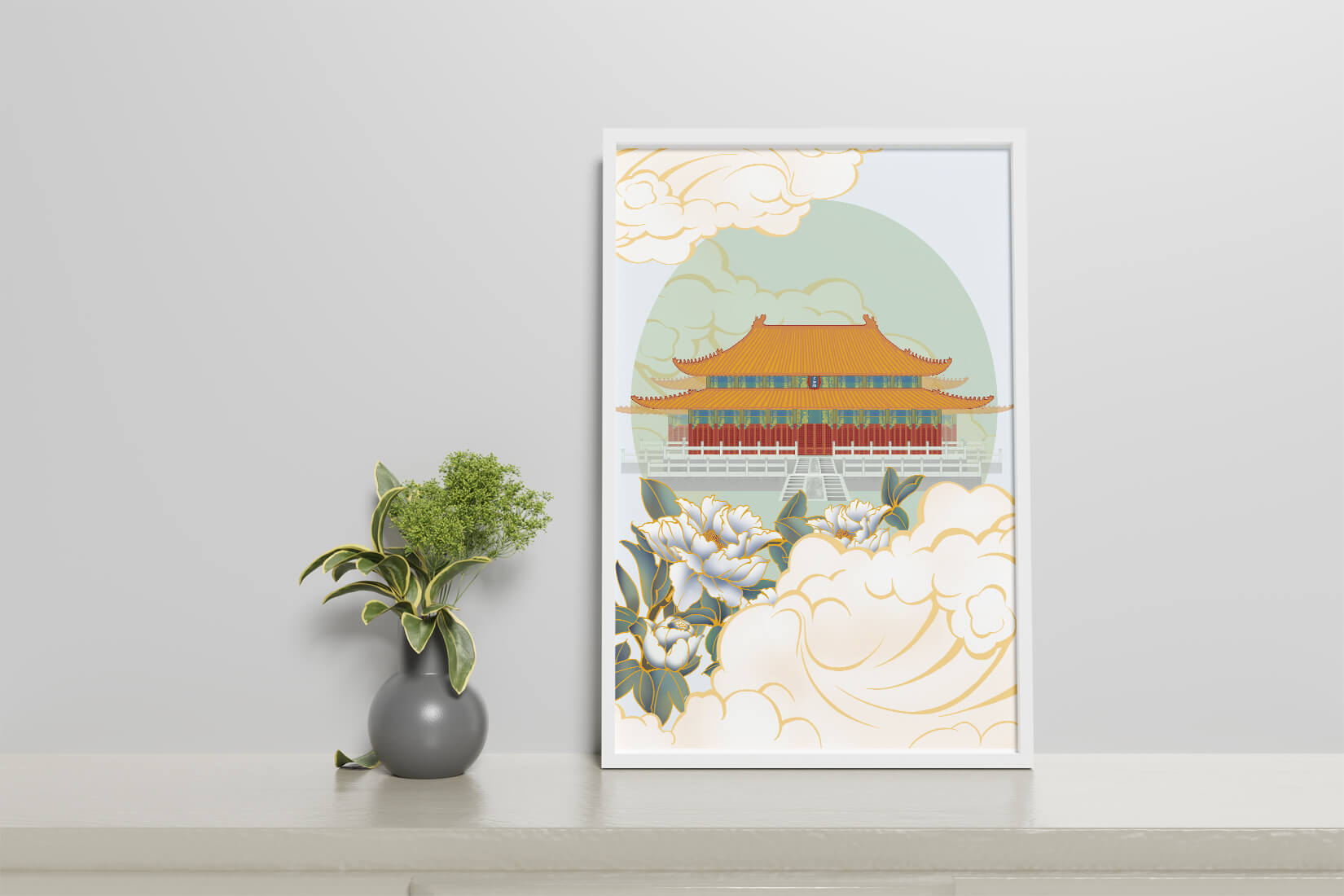 Traditional Asian palace illustration with floral and cloud motifs