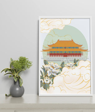 Traditional Asian palace illustration with floral and cloud motifs