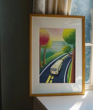 Scenic Road Trip with Vibrant Trees and Sunset